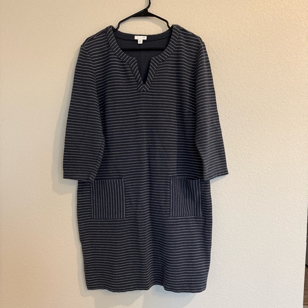 J.Jill Women’s Sheath Dress Thick‎ Knit Striped Nautical 3/4 Long Sleeve Pockets